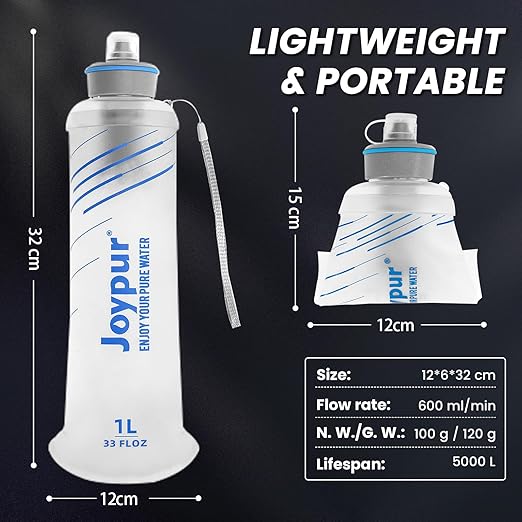 Collapsible Water Bottle with Filter - 1L Squeeze Water Filtered Bottle Camping Survival Hiking Backpacking, Portable Water Filter with NSF/FDA Certification, White