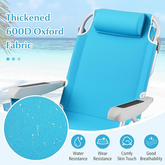 GYMAX Beach Chair, 330lbs Backpack Lounger with 5-Position Backrest, Storage Bag, Side Pocket, Towel Bar & Headrest, Foldable Low Beach Lounge, Portable Aluminum Lay Out Camp Chair (2, Light Blue)