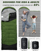 Single Sleeping Bag for Adults Kids 3-Season, Lightweight Waterproof Ripstop, Dual Zipper Bottom Vent, Compression Sack, Portable Camping Hiking Backpacking Gear