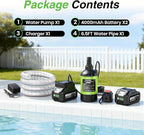 Cordless Submersible Water Pump Brushless, Small Battery Powered Sump Pump with 2x4000mAh Battery & Hose for Swimming Pool Tank Garden Pond Basement Camping Boat Rain Barrels Outdoor Draining
