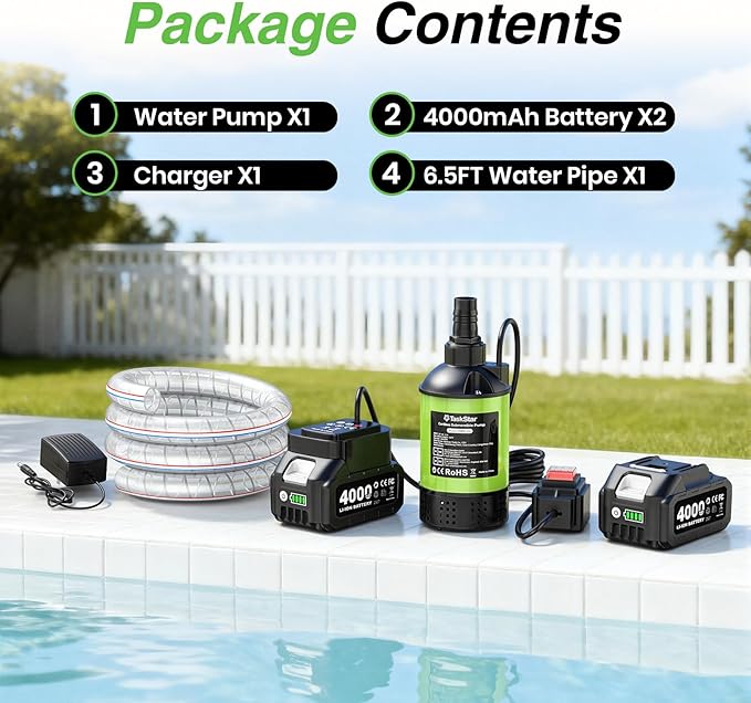 Cordless Submersible Water Pump Brushless, Small Battery Powered Sump Pump with 2x4000mAh Battery & Hose for Swimming Pool Tank Garden Pond Basement Camping Boat Rain Barrels Outdoor Draining