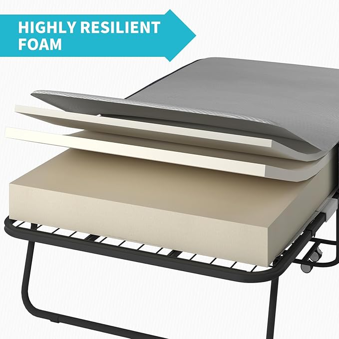 BALUS Folding Bed with Mattress for Adults, Rollaway Bed with Wheels and Memory Foam Mattress, 75"x38" Portable Fold Up Beds Metal Frame for Guest Room Space Saving, Easy Assembly & Moving(Standard)