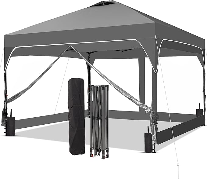 GDY 8x8 FT Pop Up Canopy Tent with One Push Setup,Setup Gazebo with 4 PVC Transparent Sidewalls,Easy Carry for Events, Parties, Camping, Gray