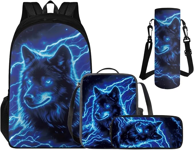 Cool Wolf Backpack Set for Boys Back to School, Backpack for 4th Grade Boys Lunch Box Water Bottle Holder Pencil Case 4 Piece Set Art School Supplies for Camping Picnic