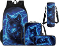 Cool Wolf Backpack Set for Boys Back to School, Backpack for 4th Grade Boys Lunch Box Water Bottle Holder Pencil Case 4 Piece Set Art School Supplies for Camping Picnic