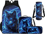 Cool Wolf Backpack Set for Boys Back to School, Backpack for 4th Grade Boys Lunch Box Water Bottle Holder Pencil Case 4 Piece Set Art School Supplies for Camping Picnic
