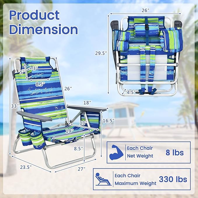 Tangkula Set of 4 Backpack Beach Chair, 5-Position Lay Flat Beach Chairs with Cooler Bag, 2 Cup Holders, Towel Bar, Lightweight Folding Beach Chair with Backpack Straps