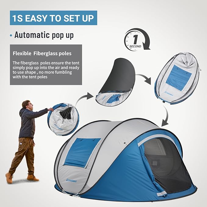 EchoSmile Instant Pop Up Camping Tent, 2/4/6 Person, Easy Setup Tent, Water Resistant Dome, Portable with Carry Bag