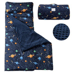 PHF Toddler Nap Mat with Removable Pillow and Minky Fleece Blanket, Rollup Design Warm Slumber Bags for Boys, 52"x20"x2" Kids Sleeping Bag for Daycare Preschool Travel Camping, Space