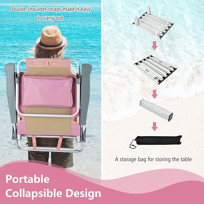 Giantex Folding Beach Chair, Patio Sling Chairs with 5 Adjustable Position, Head Pillow, Storage Bag, Towel Bar, Cup Holders, Backpack Chairs for Sunbathing, Camping Chair