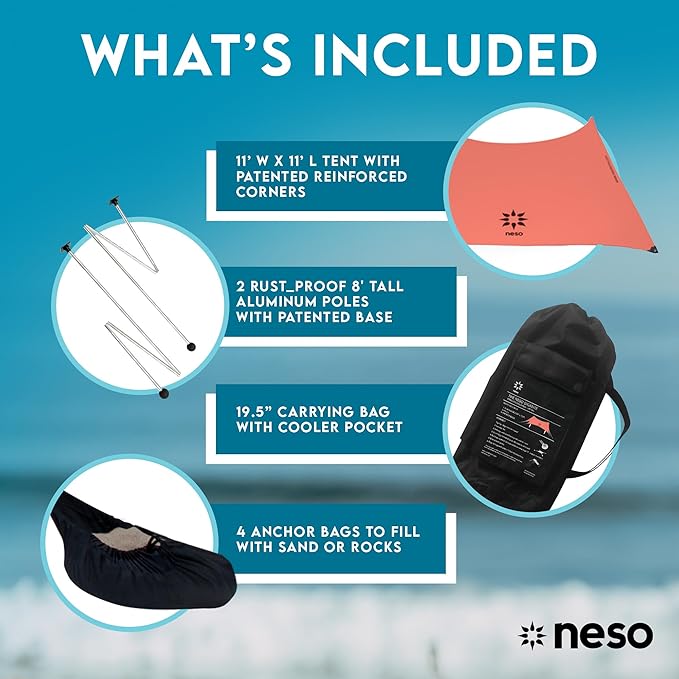 Neso Gigante Portable Beach Tent Sun Shelter - Lightweight Beach Shade Canopy - Easy Setup for Family Outings - Patented Reinforced Corners - UPF 50+ Sun Protection - 8ft Tall, 11 x 11ft - Coral