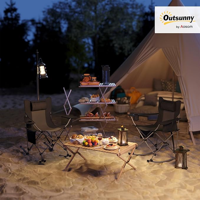 Outsunny Folding Rocking Camping Chairs for Adults, Portable Outdoor Rocking Chairs with Headrest, Cooler Bag, Cup Holder, Carry Bag for Picnic Outside and Outdoor Travel, 2 Pack, Black