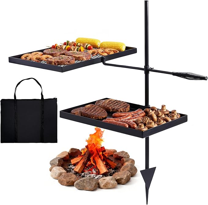 VINGLI Swivel Camping Firepit Grill, Foldable Campfire Steel Grate w/Griddles & Storage Bag, 360° Adjustable, Open Fire Outdoor Cooking Equipment, Parties, Activities, Families Use 31'' x 17'' x 32''