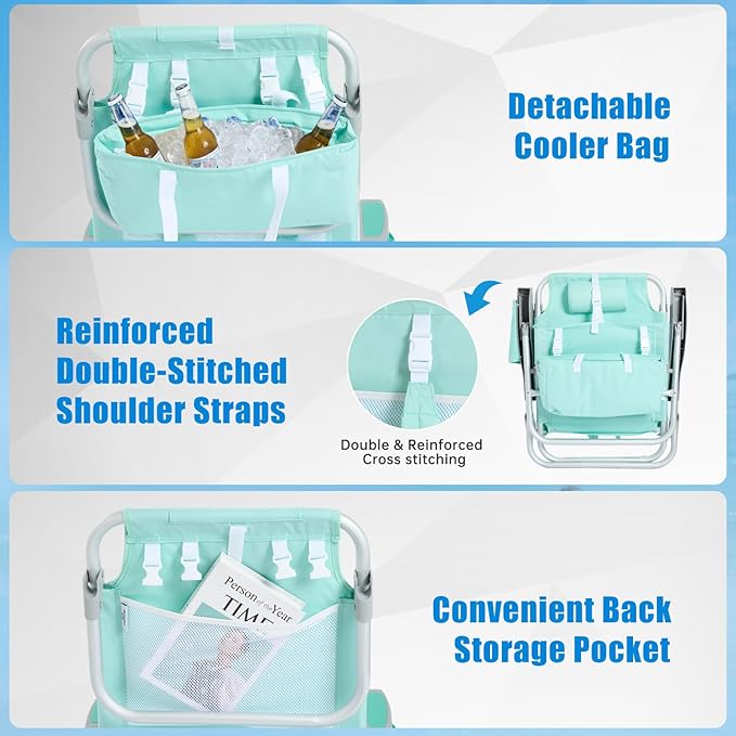 SUNNYFEEL Beach Chairs for Adults 2 Pack 5 Position Lay Flat, Portable Folding Backpack Beach Chair Heavy Duty with Cooler Bag, Cup Holder for Outdoor/Lawn/Picnic/Sand, Foldable Camping Chair