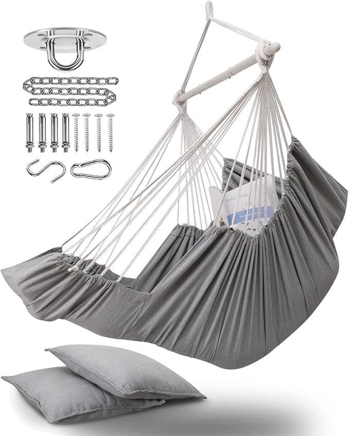 ADVOKAIR Hanging Hammock Chair Large Swing Chair with Foot Rest and Hardware,Max 500lbs,Steel Spread Bar with Anti Slips, 2 Cushions and Side Pocket,Indoor/Outdoor Use…