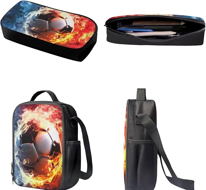 3PCS Football Fire Print Kids School Bag Set, Waterproof Daypack Knapsack Insulated Lunch Tote Bag Pen Case Organizer for Hiking