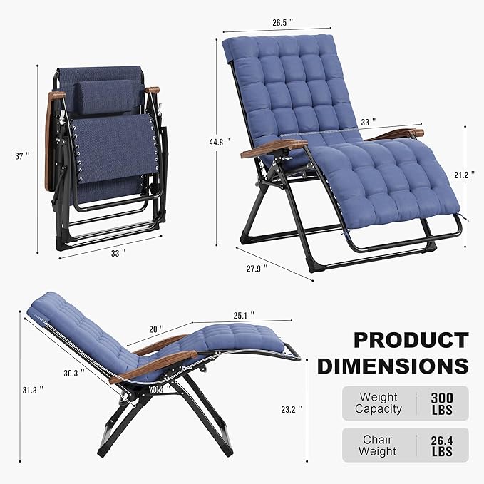 PURPLE LEAF Extra Wide Outdoor Reclining Chair Patio Zero Gravity Chaise Lounge Folding Chair with Removable Cushion Adjustable Headrest for Lawn Camping Beach Pool Navy Blue