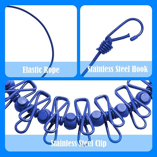 2 Pack Camping Clothesline Portable 12 Clothespins, Blue Camping Accessories Travel Clothesline for Outdoor Indoor, Retractable Clothes Line Elastic Clothesline for Camper Hotel Room
