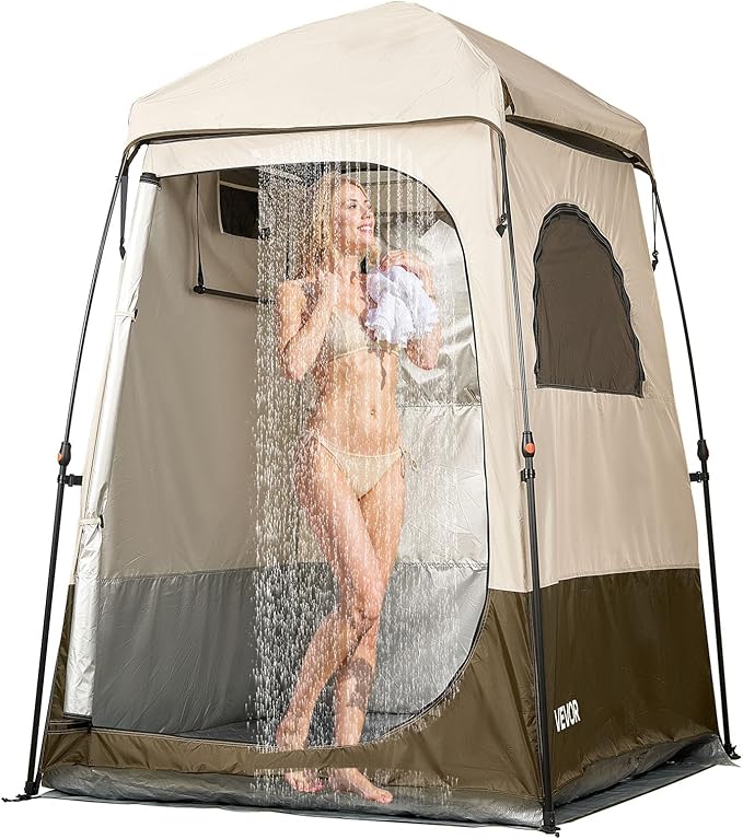 VEVOR Camping Shower Tent, 1 Room, Foldable Privacy Tent Changing Room with Ground Stakes, Ropes, Carry Bag, and Crossbar, 210D Oxford Fabric with Silver Coating, for Camping, Beach, and Fishing