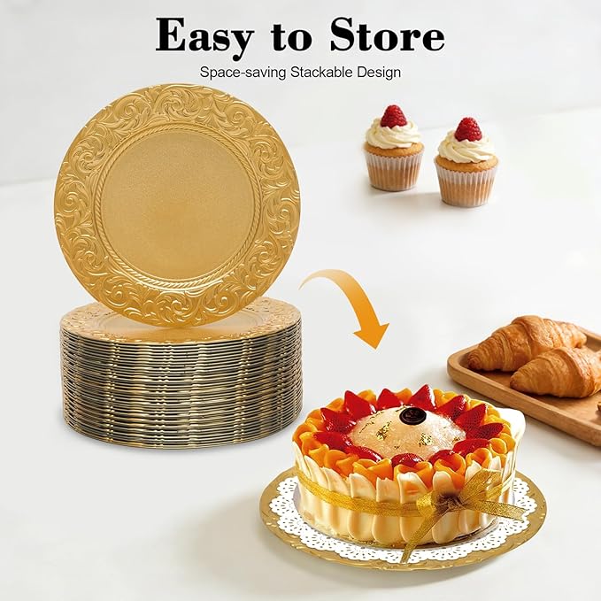 100 Pcs Gold Charger Plates Bulk, 13 Inch Round Charger Plate Set, Plastic Embossed Dinner Chargers Floral Plates for Wedding, Christmas, Party, Event, Decoration (Gold)