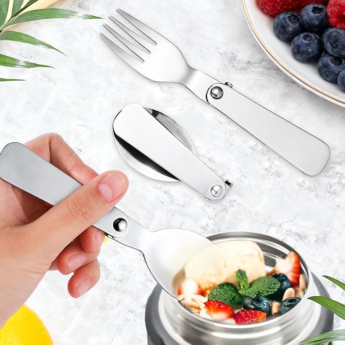 4pcs Metal Folding Spoons & 4pcs Foldable Forks for Thermos Funtainer 10oz Food Jar, Portable Stainless Steel Spoon Fork Set Replacements for Travel Camping Dinner Picnic & Outdoor Activities