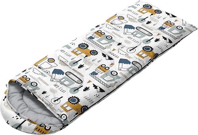 Kids Sleeping Bag for Boys Girls,Construction Truck Print-Lightweight Warm Portable Outdoor Indoor-Waterproof Cold Weather Resistant Sleeping Bag for Camping Hiking(Truck)