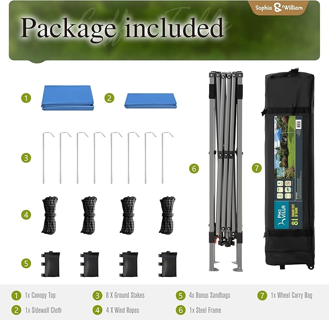 Sophia & William Canopy Tent Pop Up 12x12ft Base/9x9ft Top Easy Set Up Tent Slant Legs, Outdoor Canopies Shelter with 1 Sidewall & 4 Sandbags, 1 Roller Bag & Storage Bag, 8 Stakes & 4 Guy Ropes UPF50+