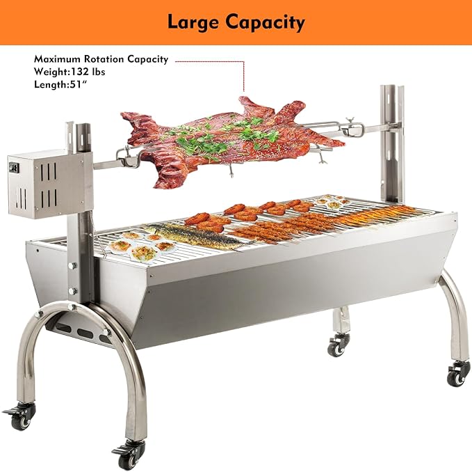 50W Rotisserie Grill Roaster 51 Inch BBQ Outdoor Small Pig Lamb Rotisserie Roaster 132LBS/60KG Stainless Steel Charcoal Spit Rotisserie Roaster Grill Great for Camping Outdoor Barbecue