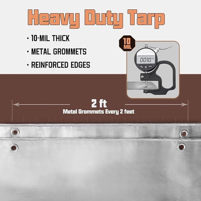 12 x 20 FT Waterproof Heavy Duty Tarp, 10 Mil Thick, Outdoor Furniture Covers, Plastic Insulated Tarpaulin for Camping Tent Roof Boat Patio Pool Cover, Large & Small Multi-Size Tarps, Silver/Brown