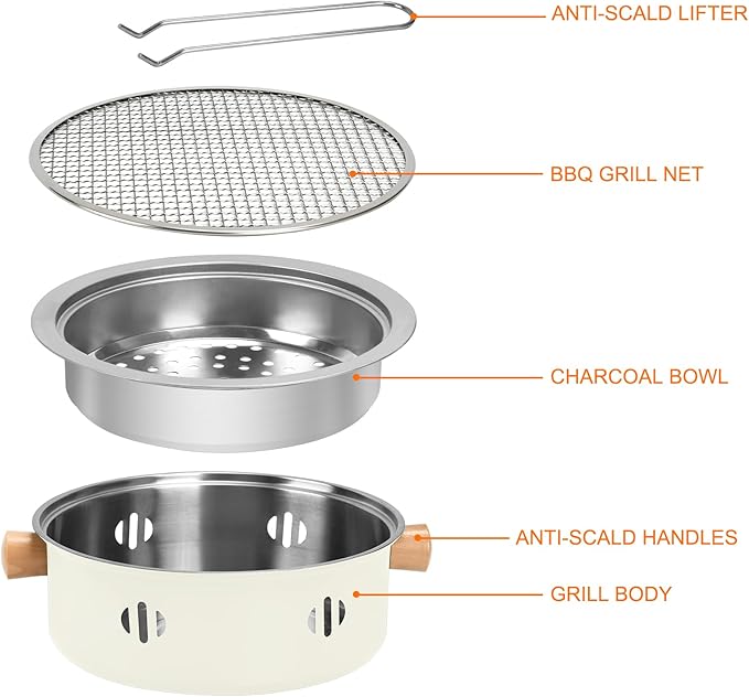 Portable Charcoal Barbecue Grill, 1pc Mini BBQ Grill Multifunctional Charcoal Grill Smokeless Round Tabletop Charcoal Grill for Indoor Outdoor Cooking Home Party Picnic Camping (Beige)