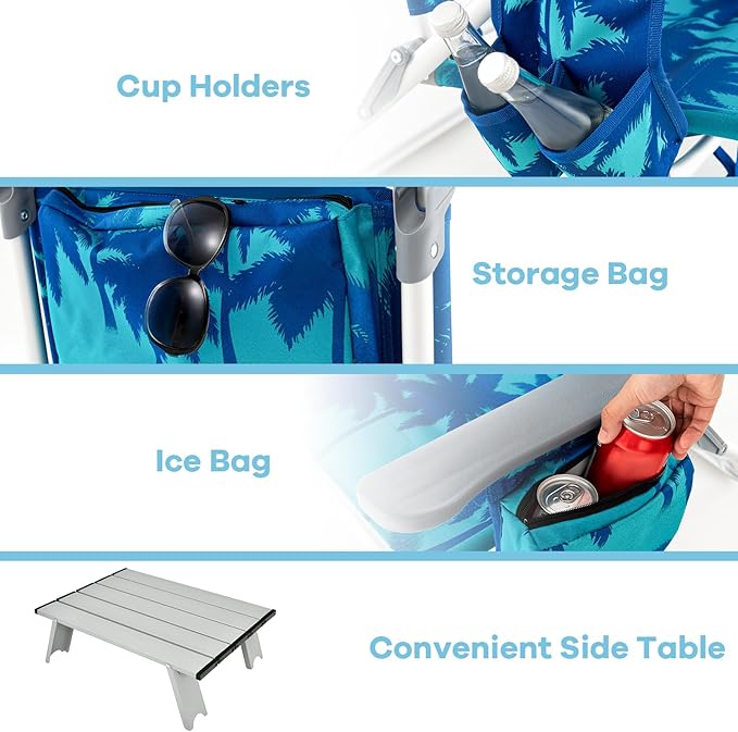 Goplus Beach Chair, Folding Backpack Beach Chairs for Adults with 5 Positions, Head Pillow, Cooler Bag, Towel Bar, Cup Holders, Sunbath Sling Tanning Lounge, Foldable Layout Camping Chairs