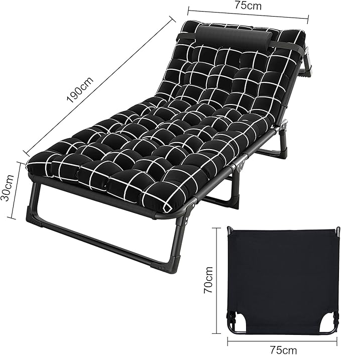 Talent Star Folding Lounge Chair with Mattress and Pillow Indoor Outdoor, 4 Position Adjustable Toffee Sleeping Bed Cot Chaise for Sunbathing Tanning Poolside Office Camping Lawn Pool Beach Patio 75cm