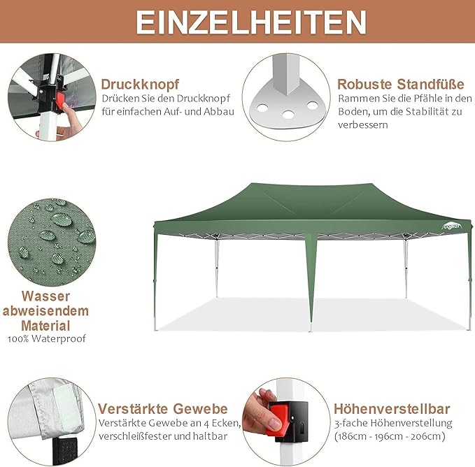 COBIZI 10x20 Pop Up Canopy Tent with Sidewalls,Party Tent Outdoor Gazebos, Waterproof & UV50+,3 Adjustable Heights,Higher Frame Design - Extra Tall for Parties Backyard,Weddings,Markets, Green