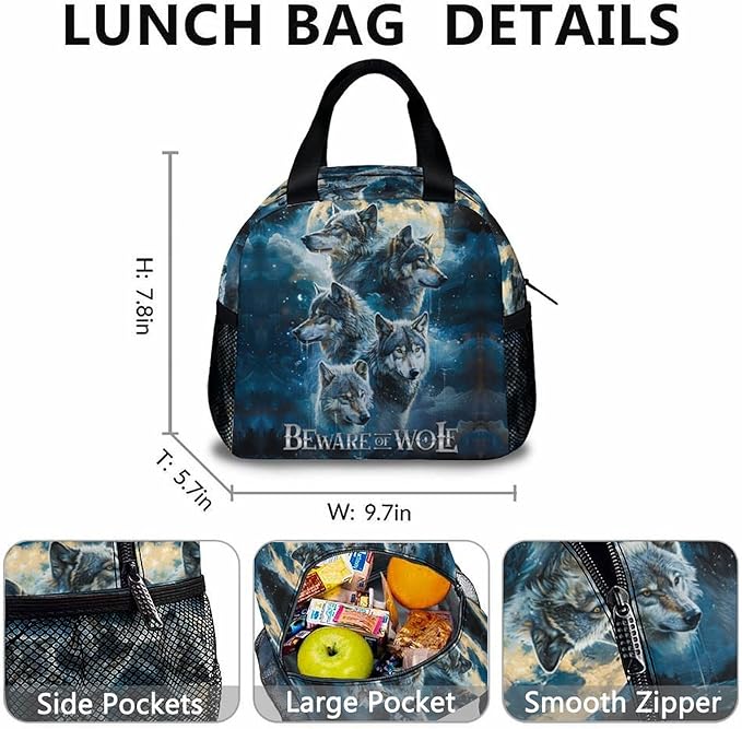 Kids School Backpacks, Cool Wolf Schoolbag, 3 Pcs Preschool Elementary Kindergarten Backpacks, 17 Inch Bookbags for Kids 2nd 3rd Grade, Animal Bookbag for School Travel Hiking Picnic