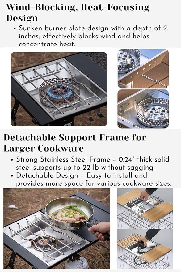 CAMPINGMOON Propane Top Stove Plate Stainless Steel Frame IGT Table Top Gas Burner Windproof Recessed Design for Camping CK-25PG+PG-4 Gas not Included