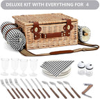 Picnic Basket with Blanket and Wine Pouch for 4, Wicker Picnic Set with Insulated Liner Cooler Bag Hamper for Camping,Wedding - Stripes