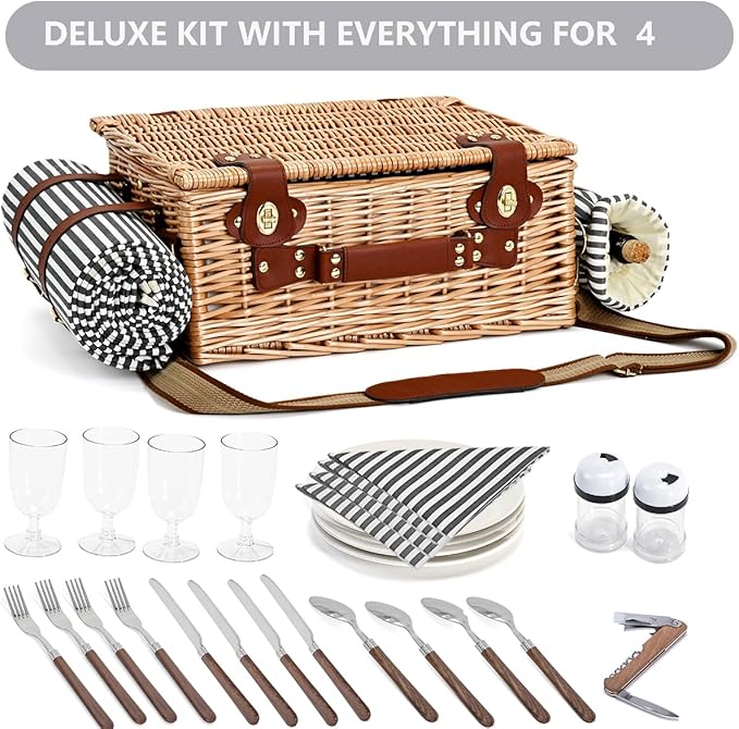 Picnic Basket with Blanket and Wine Pouch for 4, Wicker Picnic Set with Insulated Liner Cooler Bag Hamper for Camping,Wedding - Stripes