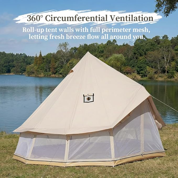 Canvas Bell Tent with Stove Jack, Glamping Yurt Tent for 360° Ventilated Mesh with Zipped Removable Floor, 4 Season Family House Hot Tents for All Year Living