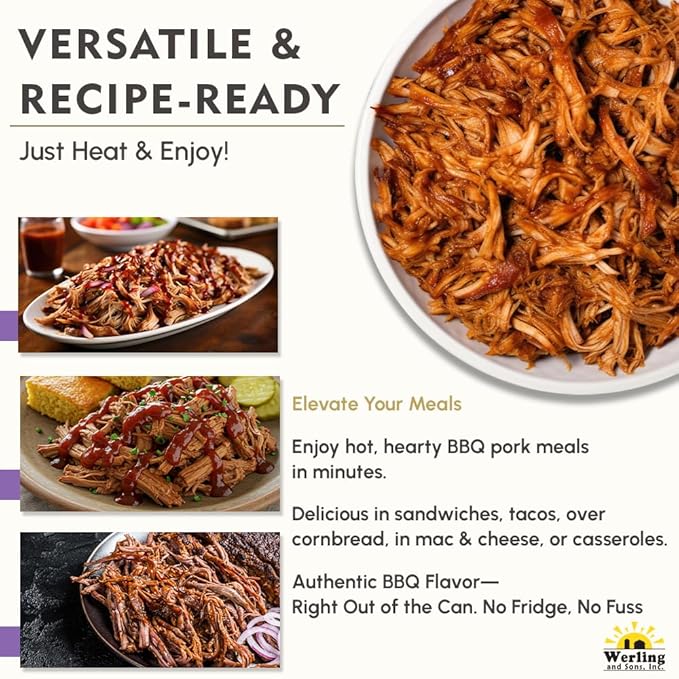 Grandma Werling’s Shredded Seasoned Pork with BBQ Sauce 14.5 Oz Fully Cooked Heat & Serve Premium Canned Meat Shelf Stable for Pantry Staples, Emergency Food Storage, Survival & Daily Quick Meals Canned Food Pack of 6