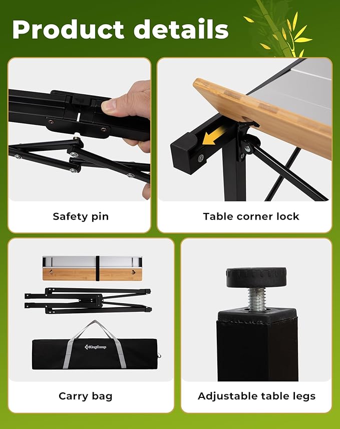KingCamp Folding Camping Table, Aluminum Roll-Up Camp Table, Large Foldable Table for 4-6 Person, Outdoor Portable Tables with Carry Bag, 176 LBS Heavy Duty Load (Bamboo：40.16“x27.5”，4-6 People)