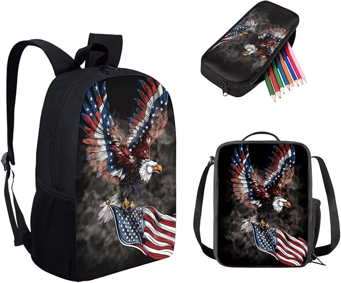 American Flag Eagle Pattern Kids Book Bag Set 3 In 1, 17 Inch Travel Backpack Rucksack Lunch Bags Pencil Case for Women Men