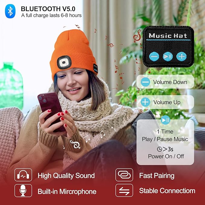 Gifts for Men, Rechargeable Bluetooth Music Unisex Beanie Hat with Light, Valentines Day Gifts for Him, Birthday Gifts for Men, Women, Orange