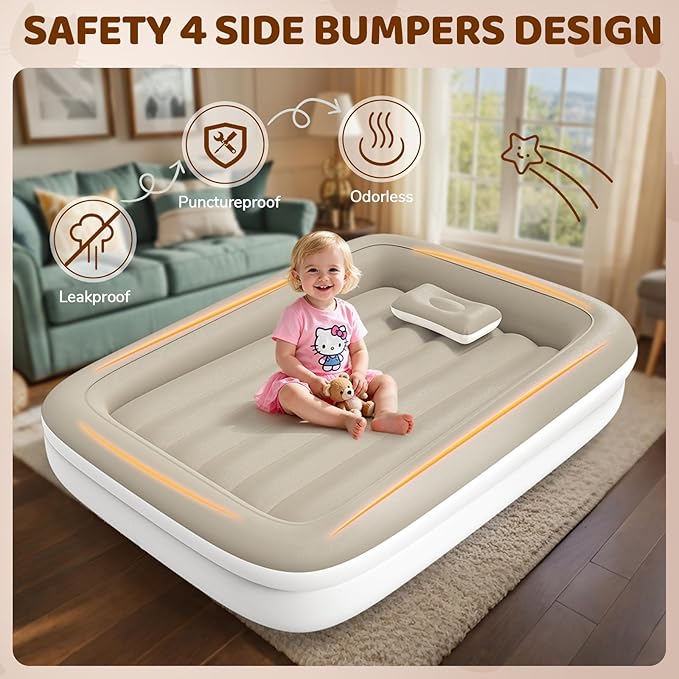 Inflatable Toddler Travel Bed - 53 Inches Portable Toddler Air Mattress with Four Safety Sides - High-Speed Pump and Carry Bag - Comfortable Mattress & Easy to Inflate and Deflate - Apricot