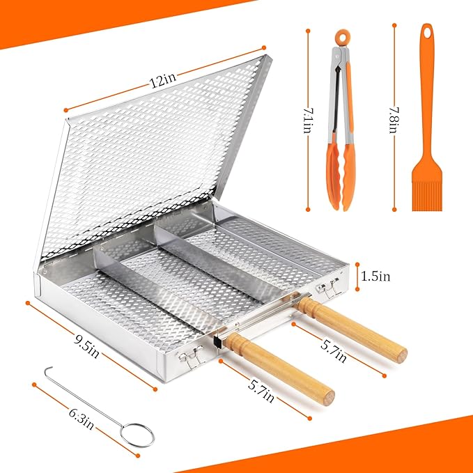 Grill Basket Set,Removable Wooden Handle,BBQ Vegetable Basket with Easy Open Lid,Food tongs,oil brush,Smoker Grilling Accessories for fish,Outdoor Cooking Camping, Birthday Gifts for Men Dad Husband