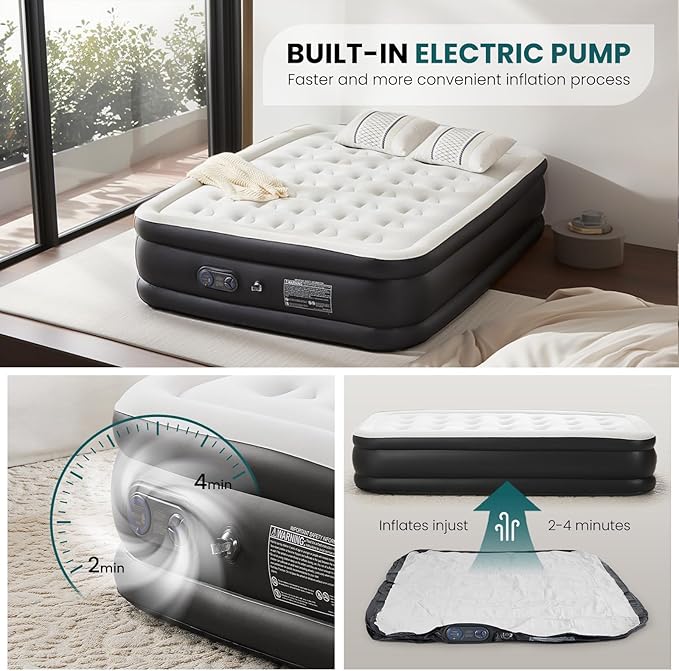 DUMOS Queen Air Mattress - 22" Inflatable Blow Up Airbed with Built-in High Capacity Pump, Double Height, Non-Slip Bottom Design, Weight Capacity 660 lbs Air Bed for Home or Camping