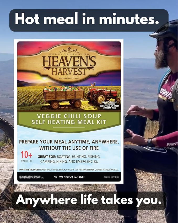 Heaven's Harvest Self-Heating Emergency Meal Kit (10 Year Shelf Life) — Tastier than MRE Meals & Ready-To-Eat in Minutes! Just add water to activate the “cooking” process. (Veggie Chili) (12-Pack)