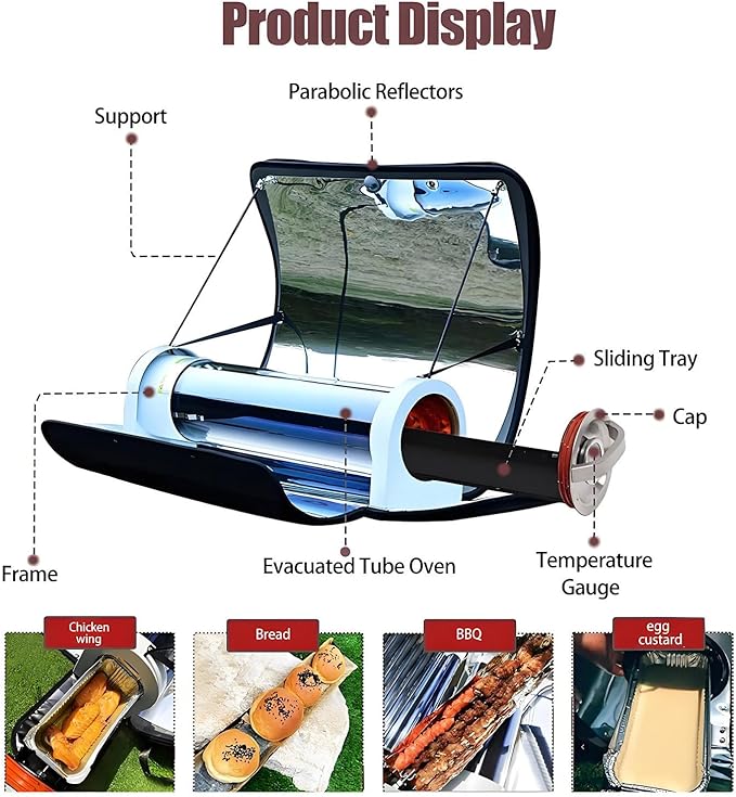 Portable BBQ Grill, Solar Powered Camping Grill， 4.5L Large Capacity Solar Cooker,with Thermometer for 2-3 People Backpacking Hiking Family Party