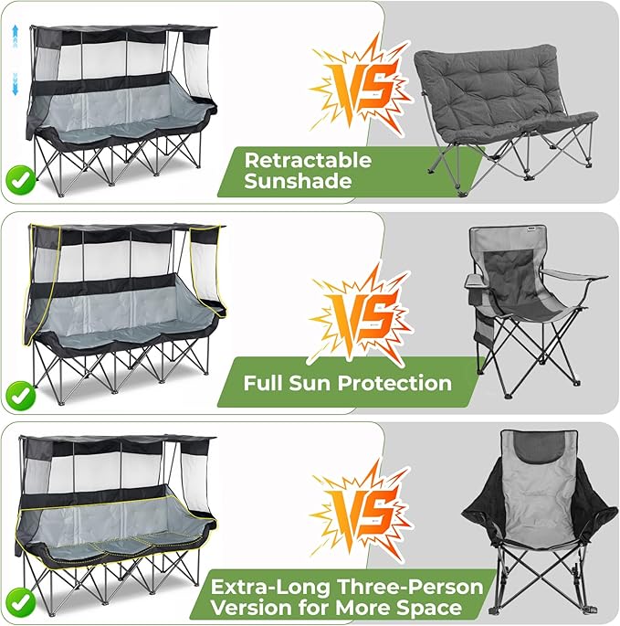 Oversized 3 Person Camping Chair with Canopy Shade Fully Padded Outdoor Folding Camping Chair Suitable For Outdoor Camping, Lawns, And Backyards Equipped With Cup Holders And A Portable Storage Bag