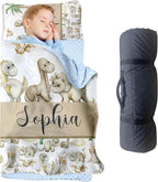 Personalized Toddler Nap Mats for Preschool, Custom Name Kids Sleeping Bag for Daycare, Roll Up Sleeping Mat with Removable Pillow and Soft Dot Minky Blanke for Boys Camping Travel