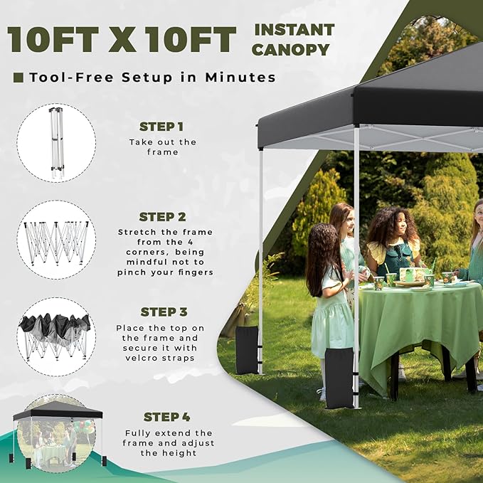 EROMMY 10x10 Pop Up Tent, Easy to Set Up Outdoor Canopy, Portable Shelter for Events, Parties, Camping with 4 Sand Bags, Wheeled Bag, 4 Ropes and 8 Spikes(Black)